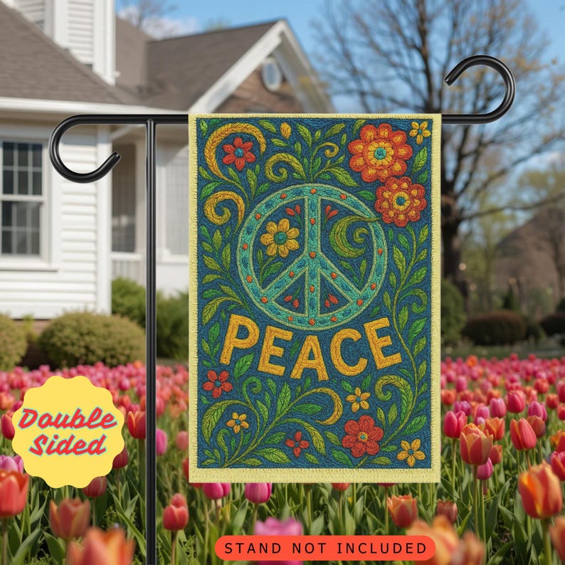 Peace Garden Flag, Embroidered Look Yard Decor, Hippie Peace Sign Garden Banner, Floral Peace Yard Sign, Boho Outdoor Flag, Gift for Her