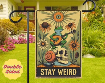 Retro Stay Weird Frog Garden Flag: Surreal Cottagecore Decor