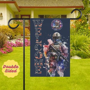 Military Welcome Garden Flag, USA Soldier Yard Banner, Patriotic Outdoor Decor, Veteran Homecoming Porch Flag, Army Family Support Gift
