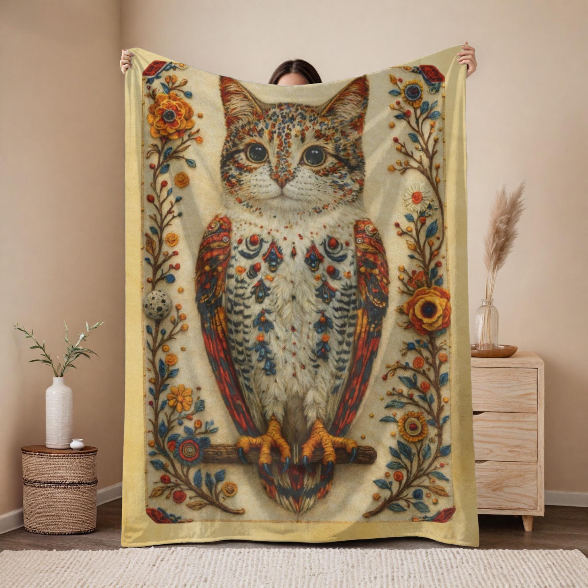 Meowl Cat Owl Plush Blanket, Folk Art Floral Throw, Whimsical Cat Lover Gift, Boho Animal Decor