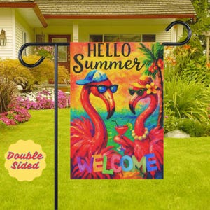 Hello Summer Flamingo Garden Flag, Tropical Yard Decor, Colorful Welcome Garden Banner, Funny Summer Outdoor Flag, Housewarming Gift Idea