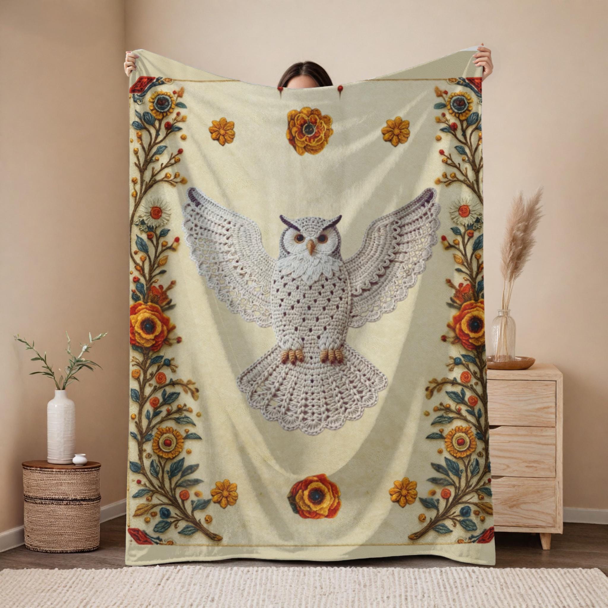 Owl Blanket: Crochet Style White Owl with Floral Border Velveteen Throw