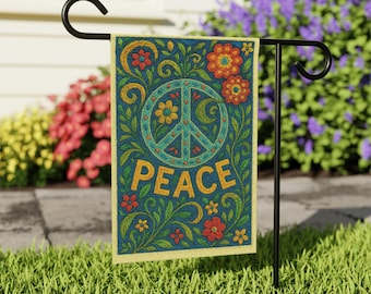 Embroidered Look Peace Garden Flag, Boho Floral Yard Decor