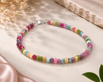 Multi Tourmaline Bracelet, Rondelle Gemstone Beads Adjustable Jewelry