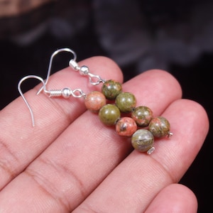 Unakite Dangle Earrings: Natural Green Gemstone, Beaded Design