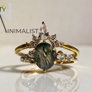 Vintage Moss Agate Engagement Ring Set Women Unique Gold Oval Shaped Cluster Ring Green Gemstone Wedding Ring Set Bridal Anniversary Gift