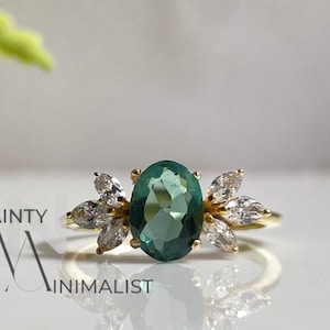 14K Oval cut green sapphire ring gold vintage teal sapphire engagement ring unique cluster engagement ring marquise cut diamond ring Women