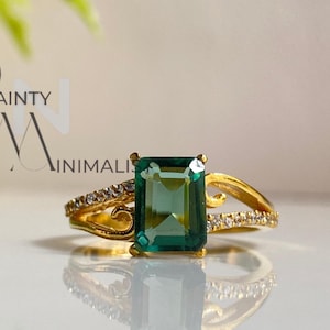 Vintage Emerald Cut Teal Sapphire Engagement Ring,Moissanite / Diamond Bridal Ring,Blue-Green Sapphire Wedding Ring,Promise Ring For Women