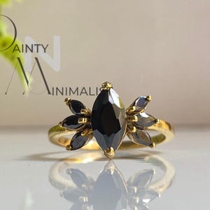 Elegant Marquise Shape Black Diamond Ring with Marquise Black Diamonds on Sides, Unique Engagement Ring Gothic Wedding Jewelry Promise Ring