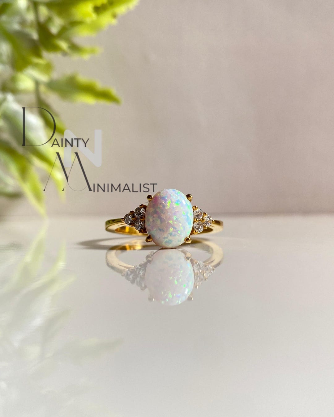 14k Gold Oval Opal Ring With 3 Diamonds October Birthstone Jewelry ...