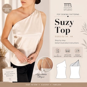Pode incluir: Um molde de costura em PDF para o top Suzy, com um design assimétrico de um ombro só e alças ajustáveis. O molde inclui tamanhos EU 34-44, instruções ilustradas passo a passo e arquivos em formato A4 prontos para impressão.