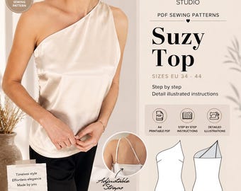 Patrón de costura de un solo hombro, patrón PDF de top asimétrico, patrón de costura para mujer, top de un solo hombro, patrón PDF imprimible, top Suzy
