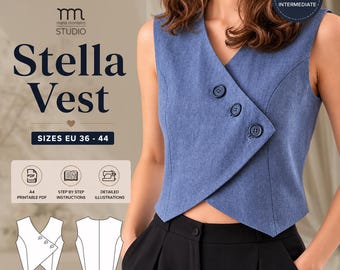 Molde para Colete Assimétrico Stella | Colete Feminino Moderno em PDF | Colete com Decote em V e Botões | Molde Digital para Costura