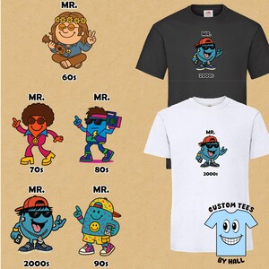 Camisetas de Mr. Cartoon en blanco y negro, con múltiples opciones. Para las décadas de 1960, 1970, 1980, 1990 y 2000.