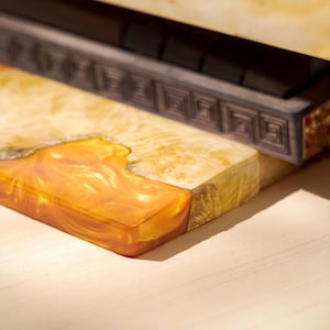 Handcrafted Yellow Wood Wrist Rest for Mechanical Keyboard – Ergonomic Resin Desk Palm Rest – Warm and Elegant Office Decor Gift