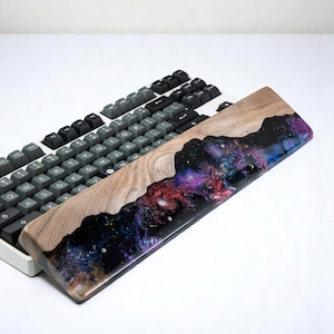 Galaxy Resin Wrist Rest for Mechanical Keyboards, Handmade Cosmic Desk Accessory for Comfortable Typing and Unique Office Setup