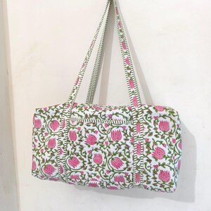 Decorative Block Print Quilted Duffle Bag Handmade Cotton Overnight Bag, Women Shoulder Travel Bag, Beautiful Floral Print Women Luggage Bag