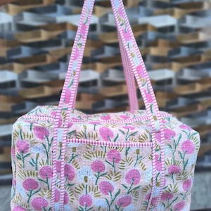 Hand Block Print Quilted Duffle Bag, Handmade Cotton Overnight Bag, Decorative Shoulder Travel Bag, Beautiful Floral Print Women Luggage Bag