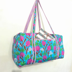 Bohemian Cotton Quilted Duffel Bag Indian Block Print Weekend Travel Bag Decorative Cotton Shoulder Luggage Bags Gift for Her Women's