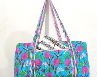 Bohemian Cotton Quilted large Duffel Bag: Indian Block Print Travel Bag