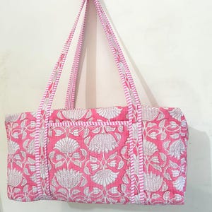 Decorative Floral Print Quilted Duffle Bag Handmade Cotton Overnight Bag Indian Block Print Shoulder Travel Bag, Beautiful Women Luggage Bag
