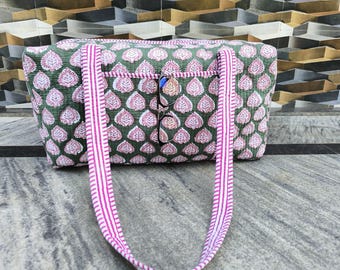 hand block printed cotton quilted Duffle Bag: Floral Print Handmade Overnight Travel Bag, Large Size Flower weekender Bags
