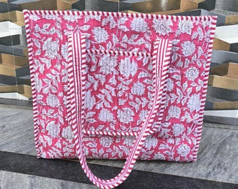 hand block floral print cotton quilted tote bag, handmade shoulder tote with multiple pockets