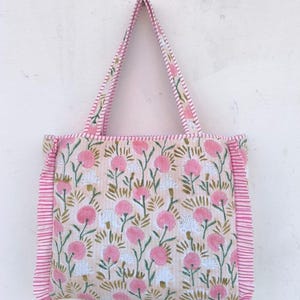 Hand Block Print Cotton Quilted Tote Bag: Handmade Ruffle travel shopping Shoulder Bag