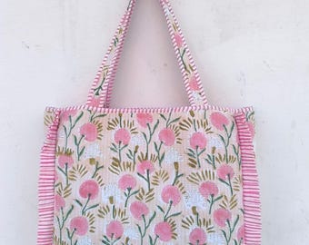 Hand Block Print Cotton Quilted Tote Bag: Handmade Ruffle travel shopping Shoulder Bag