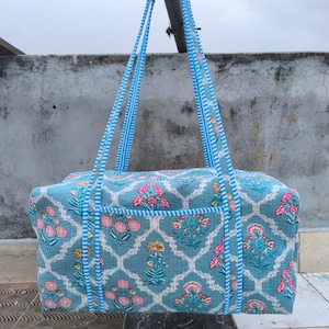 Decorative Block Print Quilted Duffle Bag Handmade Cotton Overnight Bag, Women Shoulder Travel Bag, Beautiful Floral Print Women Luggage Bag