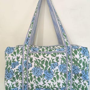 Block Print Quilted Duffle Bag, Large Size Handmade Cotton Overnight Bag, Decorative Floral Print  Shoulder Travel Bag, Women Shopping Bags