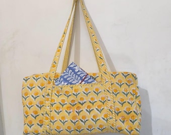 Handmade Cotton Quilted Duffle Bag. Block Print Weekender Travel luggage large size bag