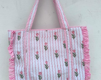 Bohemian Floral Block Print Tote Bag: Handmade Cotton Shoulder Bag,cotton quilted tote bag