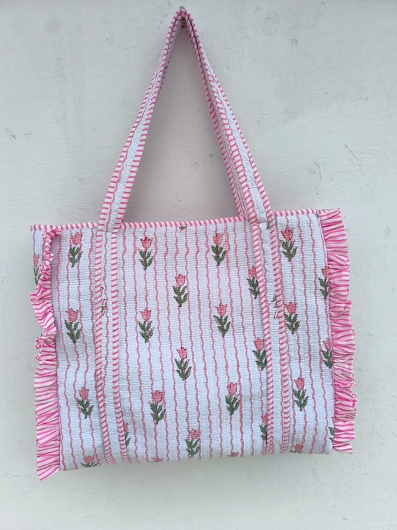 Bohemian Floral Block Print Tote Bag: Handmade Cotton Shoulder Bag,cotton quilted tote bag