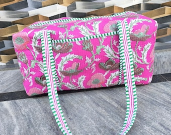 block print cotton travel bag , weekender overnight, Floral Quilted Duffle Bag Handmade bags