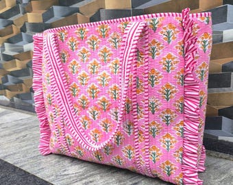 Hand Block Printed Cotton Quilted Bag: Bohemian Frill shoulder Tote