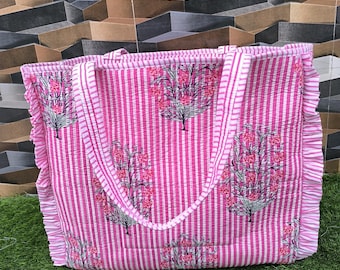 Hand Block Print Cotton Quilted Tote Bag: Handmade Ruffle travel shopping Shoulder Bag