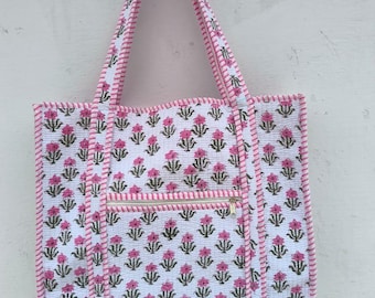 Handmade Block Print Cotton Tote Bag: Pink Floral Pattern, Zip Pocket