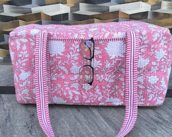 large cotton Block Printed Quilted Bag: Floral Coton Weekender travel Eco friendly Yoga Shopping Beach Boho Bags