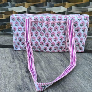 Hand Block Print Quilted Duffle Bag, Handmade Cotton Overnight Bag, Decorative Shoulder Travel Bag, Beautiful Floral Print Women Luggage Bag