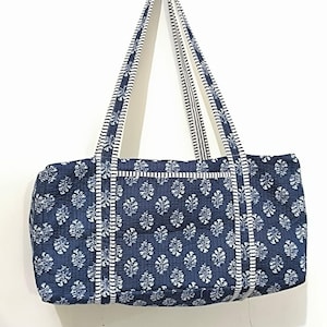 Large Size Block Print Quilted Duffle Bag, Handmade Cotton Overnight Bag, Decorative Floral Print Shoulder Travel Bag Bohemian Shopping Bags