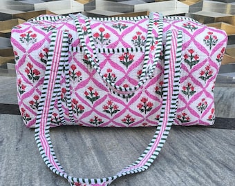 Indian Cotton Duffle Bags, Block Print Quilted Bag, Handmade Colorful Travel Overnight weekender bags
