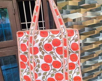 Handmade Cotton Quilted zipper Tote Bag: Block Print Bohemian Shoulder Bag