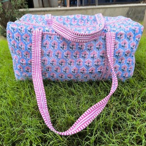 Large Size Block Print Quilted Duffle Bag, Handmade Cotton Overnight Bag, Decorative Shoulder Travel Bag,Floral Print Women Luggage Bag
