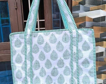 Quilted Tote Bag: Large Cotton Block Printed Shopping Bag gift for mom