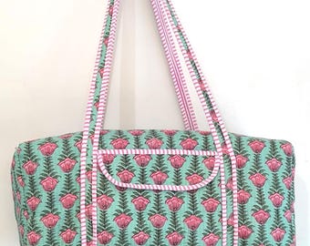 Indian Cotton Duffle Bags, Block Print Quilted Bag,Weekender ,Handmade Colorful Travel Overnight Bags For Women Holiday Gifts
