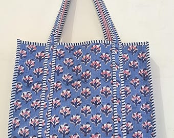 Handblock Blumendruck Baumwolle gesteppte Einkaufstasche, handgefertigte Schultertasche für Einkäufe und Geschenke