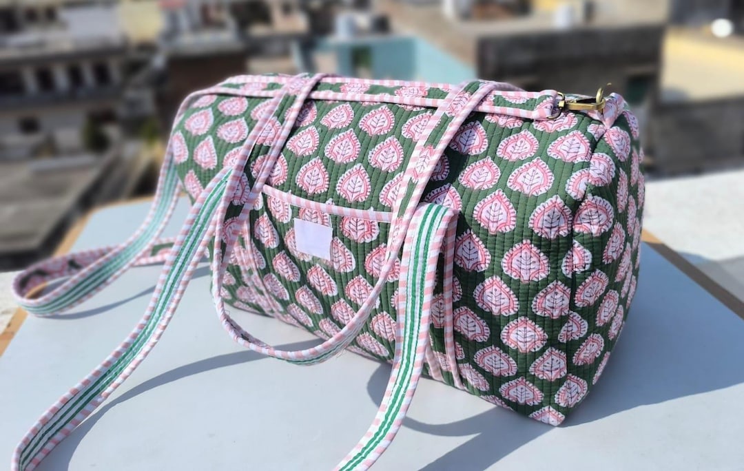 block printed cotton quilted Duffle Bag: Floral Print Handmade Overnight Travel Bag, Large Size Flower weekender Bags