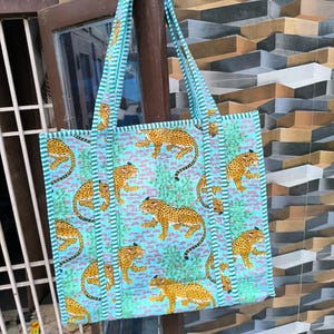 Indian Tiger Print Cotton Quilted Tote Bag, Beautiful Women Grocery Shopping Bag , Handmade Travel Bag, Decorative Eco Friendly Bags