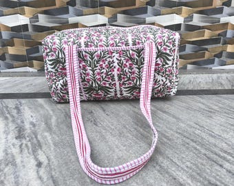 block print cotton travel bag , weekender overnight, Floral Quilted Duffle Bag Handmade bags